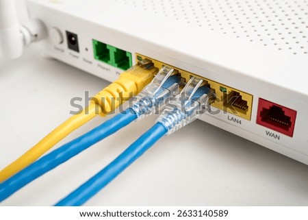 Ethernet cable with wireless router connect to internet service provider internet network.