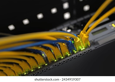 Ethernet cables connected by patch cables that illustrate the connectivity and networking aspect of the data center.