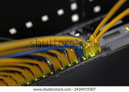 Ethernet cables connected by patch cables that illustrate the connectivity and networking aspect of the data center.