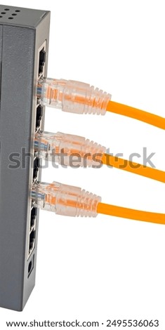Ethernet cables connected to Desktop Switch or routerboard on white background