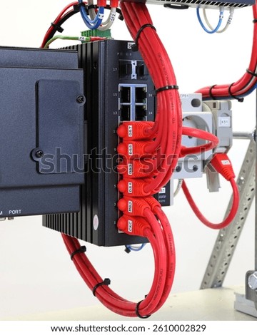 Ethernet data switch with connected patchcords with Rj45 connectors. 