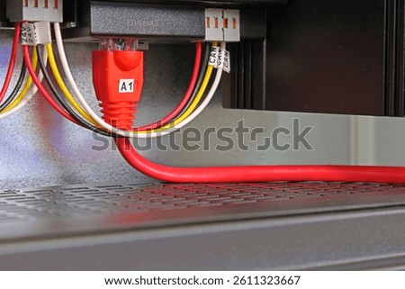 Ethernet switch with connected patchcords with Rj45 connectors. 