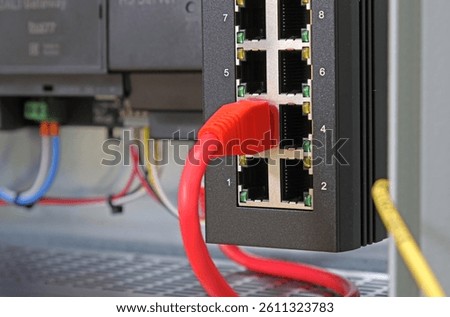 Ethernet switch with connected patchcords with Rj45 connectors. 