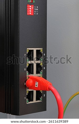 Ethernet switch with connected patchcords with Rj45 connectors. 