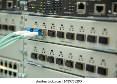 Ethernet, wired transmission. Network security equipment. Cybersecurity infrastructure. Switch or router socket, cable connections. - Shutterstock ID 1433763200