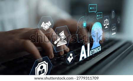 Ethical Considerations in Artificial Intelligence Development with Hands Typing on Keyboard and Digital Icons Representing Responsibility and Justice Quark.
