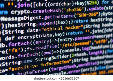 Ethical hacker. a coded JavaScript webpage snippet, with highlighted syntax and potential user authentication or data security code blocks Dark background for easy readability Typical setup for