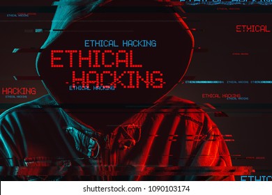 Ethical hacking concept with faceless hooded male person, low key red and blue lit image and digital glitch effect