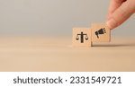 Ethical marketing and communication concept. Using responsible communication and practices that respect the interests of stakeholders. Wooden cube blocks with ethics and marketing communication icons.