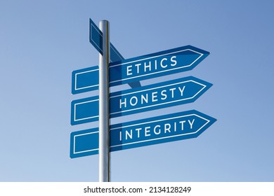 Ethics Honesty Integrity Words On Signpost Isolated On Sky Background