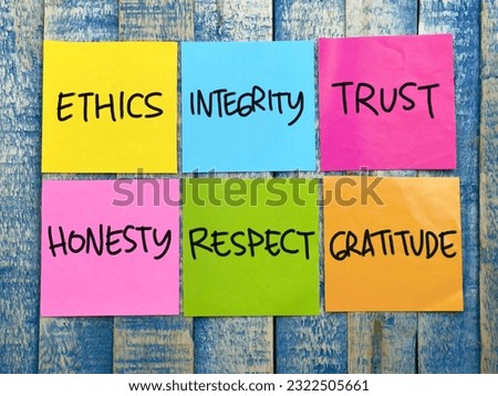 Ethics integrity trust, text words typography written on paper, life and business motivational inspirational concept