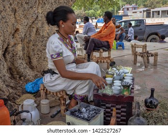 ETHIOPIA, APRIL 27th.2019, The Coffee Shop Assistant, During Traditional Coffee Preparation, April 27th. 2019, Ethiopia