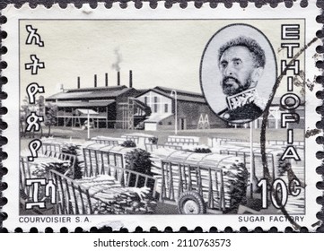 Ethiopia - Circa 1972 : A Postage Stamp From Ethiopia Shows A
Sugar Factory And A Portrait Of Emperor Haile Selassie I 