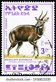 ETHIOPIA - CIRCA 2000: a stamp printed in Ethiopia shows menelik's bushbuck, tragelaphus scriptus meneliki, is endemic subspecies of spiral horned antelope of Africa, circa 2000