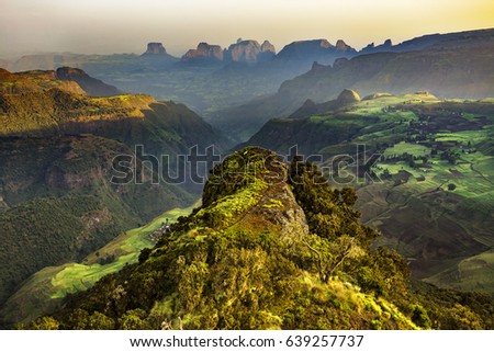 Ethiopia. Simien Mountains National Park at sunrise. View point near Chenek Camp Stock photo © 