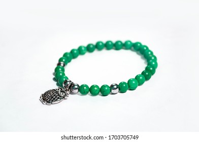 Ethnic Bracelet With Green Malachite Beads Owl Charm And Silver 925 Beads. Luxury Jewellery For Women For Everyday Or Party