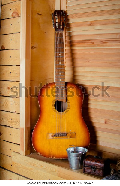 Ethnic Interior Wooden Window Sill Guitar Stock Photo Edit