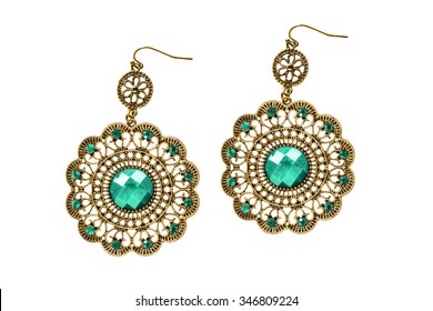 Ethnic Lacy Gold Earrings Isolated Over White