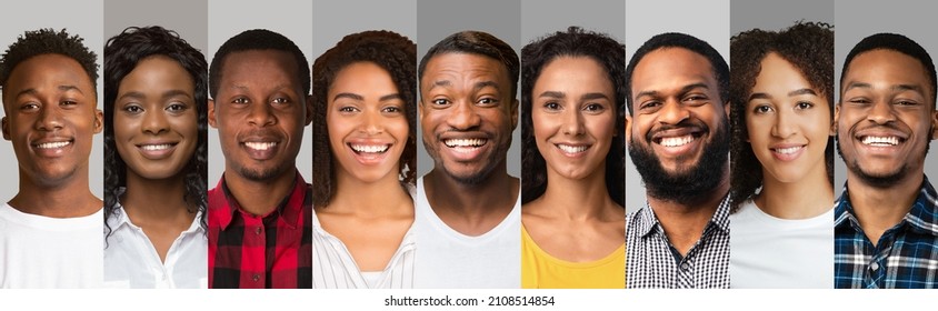 Ethnic minorities assimilation concept. Happy faces of multiracial young people, collection of photos on grey backgrounds. Males and females avatars, smiling millennial men and women, panorama