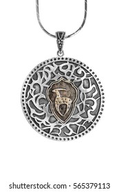 Ethnic Silver Medallion On A Chain Isolated Over White