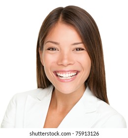 Ethnic Woman Smiling Portrait. Close Up Of Beautiful Mixed Race Asian Caucasian Businesswoman With Joyful Toothy Smile Isolated On White Background.