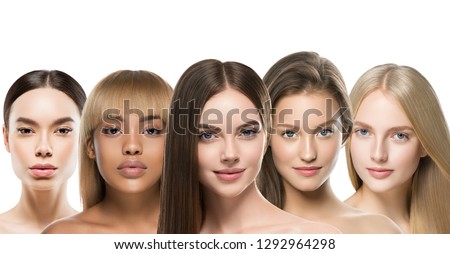 Ethnic women different skin hair race models beauty beautiful skin tone hairstyle isolated on white