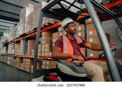 Ethnic Worker Driving In Forklift Around Warehouse Searching For Packages To Send Off Delivery. 