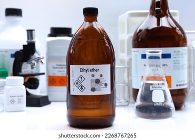 Ethyl ether in glass, chemical in the laboratory and industry, dangerous Chemical or raw materials for production