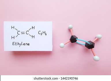 Ethylene (ethene) Molecule. Molecular Structure Model And Structural Chemical Formula Of Ethylene Molecule. Used In Production Of Polyethylene But Also Important As A Plant Hormone. Black=C, White=H.