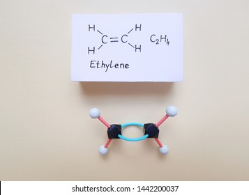 Ethylene (ethene) Molecule. Molecular Structure Model And Structural Chemical Formula Of Ethylene Molecule. Used In Production Of Polyethylene But Also Important As A Plant Hormone. Black=C, White=H.