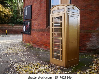 Eton,Berkshire/Uk-November 5 2017;A Gold Painted English Telephone Box To Honour Olympic Rower Constantine Louloudis.