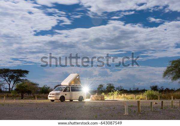 ETOSHA, NAMIBIA -
APRIL 9, 2017: Car camp at night bright light from moon in
Okaukuejo Rest Camp. Okaukuejo is located 17 km from the southern
entrance of the Etosha
park.