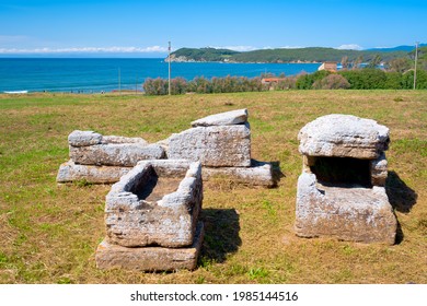 Etruscan city of Populonia known for necropoleis, old ruins, castle and sea. Populonia was an ancient Etruscan city near Baratti bay. Suggestive itineraries in Maremma park, between beaches and nature
