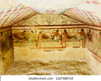 Etruscan Painted Burial Chamber, Tomb Of The Leopards, Tarquinia, Italy.