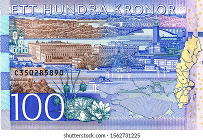The Ett Hundra is a city view on the Swedish capital, Stockholm. Portrait from Sweden 100 Kronor 2015 Banknotes. 