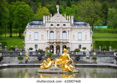 Ettal, Germany - June 5, 2016: Linderhof Palace is a Schloss in Germany, in southwest Bavaria near Ettal Abbey. Fountain group Flora and puttos on the foreground.