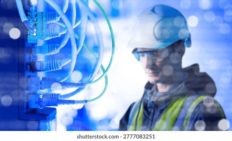 etwork technician inspects server cables in data center.