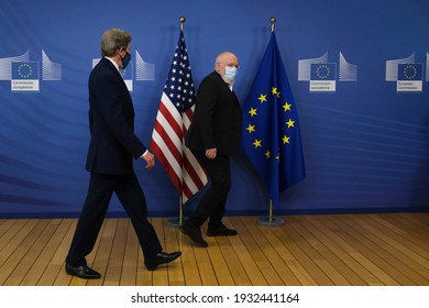 EU Commission Vice-president In Charge For European Green Deal Frans Timmermans And US Special Presidential Envoy For Climate John Kerry Prior To A Meeting In Brussels, Belgium On March 9th, 2021. 