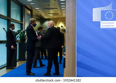 EU Commission Vice-president In Charge For European Green Deal Frans Timmermans And US Special Presidential Envoy For Climate John Kerry Prior To A Meeting In Brussels, Belgium On March 9th, 2021. 