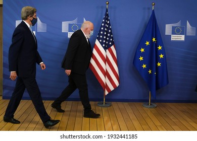 EU Commission Vice-president In Charge For European Green Deal Frans Timmermans And US Special Presidential Envoy For Climate John Kerry Prior To A Meeting In Brussels, Belgium On March 9th, 2021. 