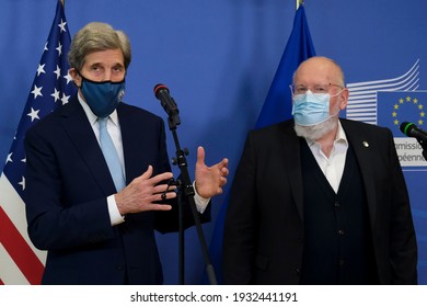 EU Commission Vice-president In Charge For European Green Deal Frans Timmermans And US Special Presidential Envoy For Climate John Kerry Prior To A Meeting In Brussels, Belgium On March 9th, 2021. 