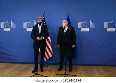 EU Commission Vice-president In Charge For European Green Deal Frans Timmermans And US Special Presidential Envoy For Climate John Kerry Prior To A Meeting In Brussels, Belgium On March 9th, 2021. 