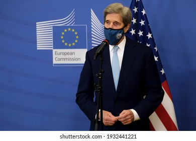 EU Commission Vice-president In Charge For European Green Deal Frans Timmermans And US Special Presidential Envoy For Climate John Kerry Prior To A Meeting In Brussels, Belgium On March 9th, 2021. 