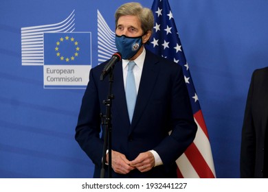 EU Commission Vice-president In Charge For European Green Deal Frans Timmermans And US Special Presidential Envoy For Climate John Kerry Prior To A Meeting In Brussels, Belgium On March 9th, 2021. 