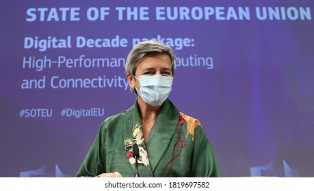 EU Commission Vice-president Margrethe Vestager And EU Commissioner Thierry Breton Attend A News Conference  In Brussels, Belgium September 18, 2020.