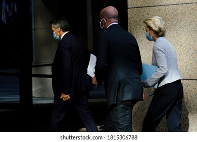 EU Council President Charles Michel And EU Commission President Ursula Von Der Leyen Arrive For A News Conference After A Virtual Summit With China's President In Brussels, On September 14, 2020. 