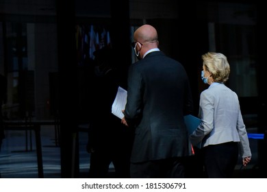 EU Council President Charles Michel And EU Commission President Ursula Von Der Leyen Arrive For A News Conference After A Virtual Summit With China's President In Brussels, On September 14, 2020. 