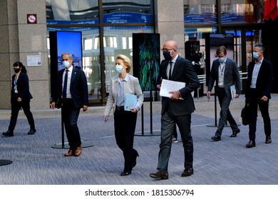 EU Council President Charles Michel And EU Commission President Ursula Von Der Leyen Arrive For A News Conference After A Virtual Summit With China's President In Brussels, On September 14, 2020. 