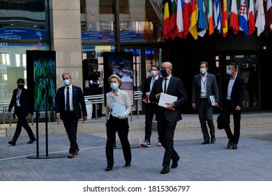 EU Council President Charles Michel And EU Commission President Ursula Von Der Leyen Arrive For A News Conference After A Virtual Summit With China's President In Brussels, On September 14, 2020. 