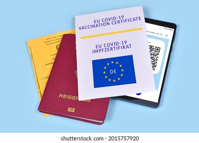 EU COVID-19 Vaccination Certificate On Paper And Digital On Mobile Phone And  Vaccine Passport